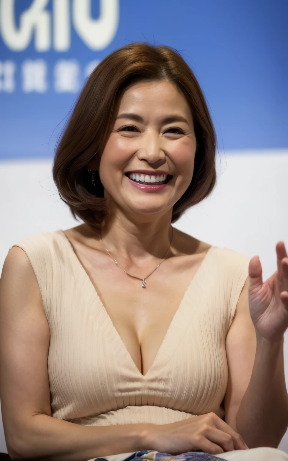 8k wallpaper, masterpiece, Highest quality, Super detailed, One Mature Woman, 50 years old, Become very clear, Wearing a short-sleeved knit, Skin dents, Captivating smile, Looking at the audience, Cleavage, plump, Curvaceous, Fascinating face, Smiling with teeth showing, I was happy, Sitting in a cafe, Background Blur