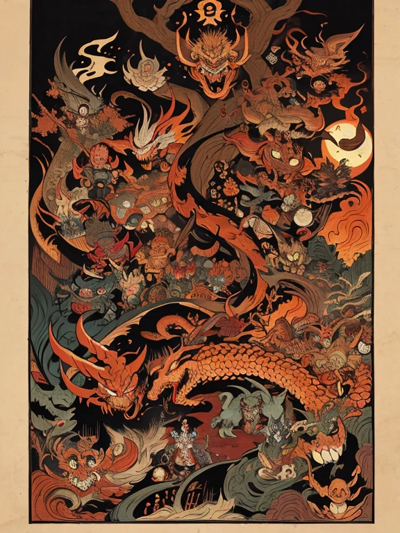 pandemonium, group of yokai, group of oni, giant snake, fox, centipede, giant skeleton, spider, demon, oni, tengu, The picture is painted in the style of a Japanese ink painting,
(Side angle)