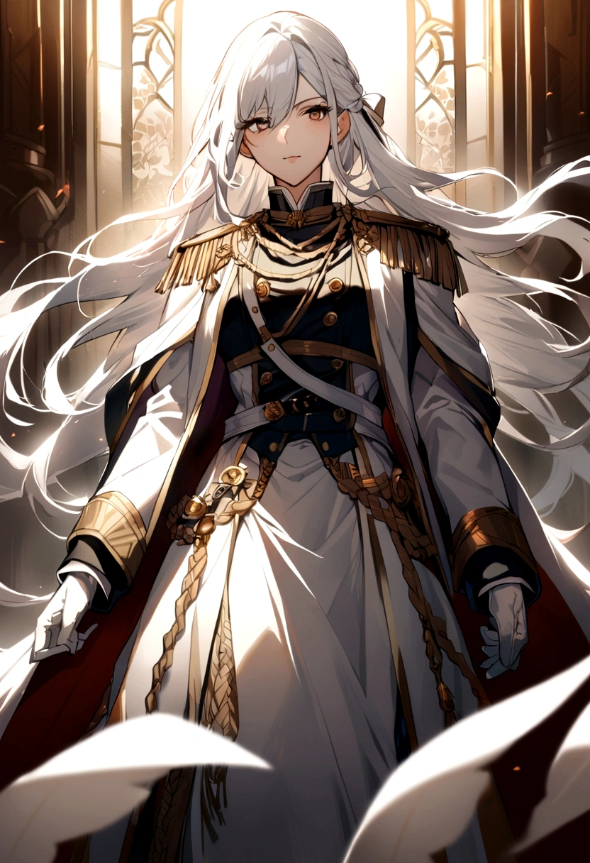1girl, long hair, white hair, noble clothes, military uniform, white gloves,