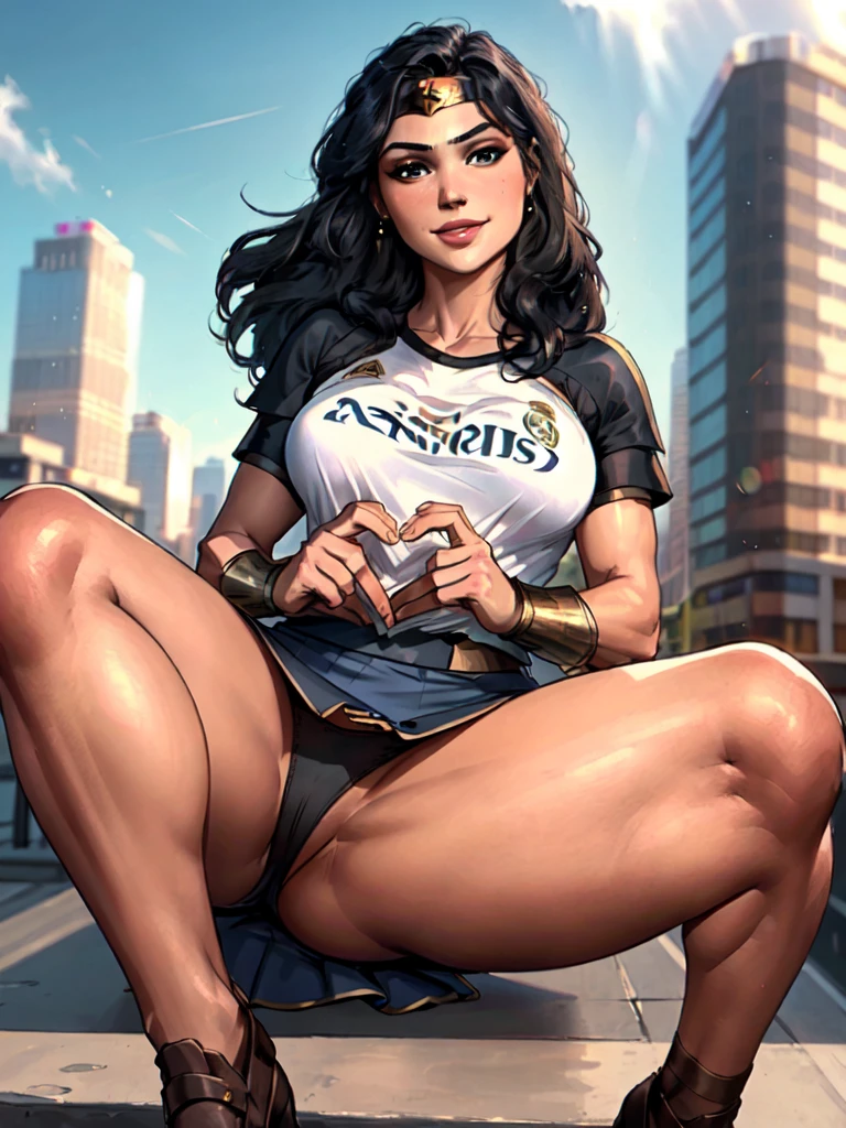 g4lg, wonder woman, ((wearing a white Real Madrid tshirt)), happy, smilling, (heart hands), spread legs, sitting, open legs, (pretty face:1.2), (finely detailed face and beautiful eyes), mature female, muscle, bare hands, (armlet, blue armor skirt, bracer, head ring ), wearing a black thong, underwear, solo, panties, (black eyes, black long hair, messy hair, floating hair), ((white Real Madrid tshirt)), (long proportional legs), (best quality:1.1),(city background:1.2), ((masterpiece)), 