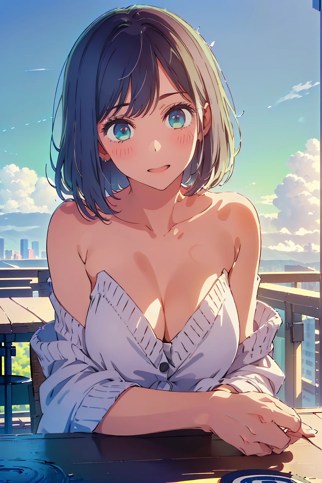 (Highest quality:1.4、masterpiece:1.4、Super detailed:1.4、Ultra-high resolution:1.4、8K:1.4)、Slim body、Big Breasts、((((1 person、Surprised expression、sit、Chair、In the background are the urban buildings of Tokyo、looking at the camera、Outdoor café terrace、juice、Get up close and take a photo、table、Very cute face))))、((((nude、very beautiful areola))))、(Pose with hands tucked behind ears:1.4、Cheek resting on hand:1.4)、(((Take off the off-the-shoulder cardigan)))、Very blue sky、A completely cloudless sky