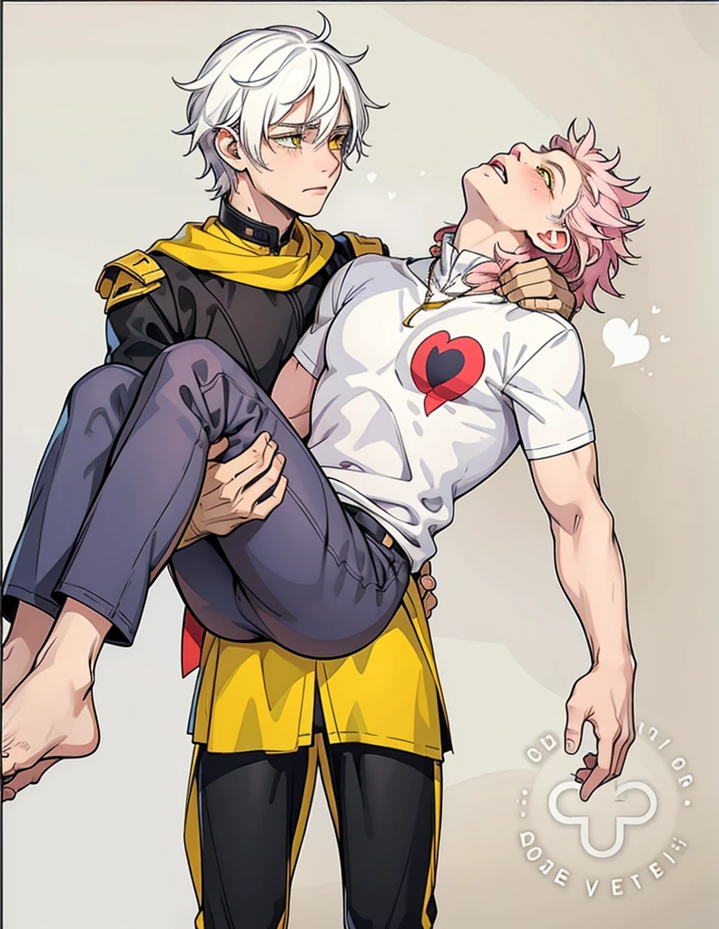 She is sad, she cries, looking at her dead friend, 18-year-old man, yellow eyes, she is sad, she has tears on her face, white hair, she carries a dead young man with pink hair in her arms.