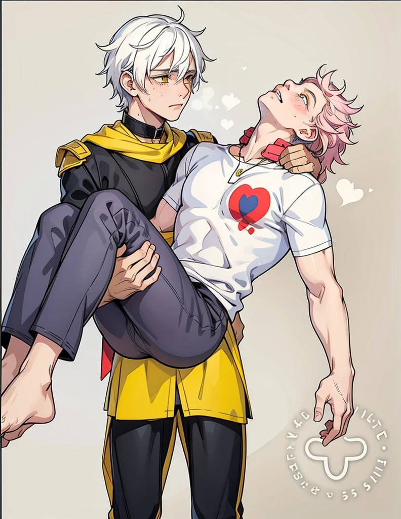 She is sad, she cries, looking at her dead friend, 18-year-old man, yellow eyes, she is sad, she has tears on her face, white hair, she carries a dead young man with pink hair in her arms.