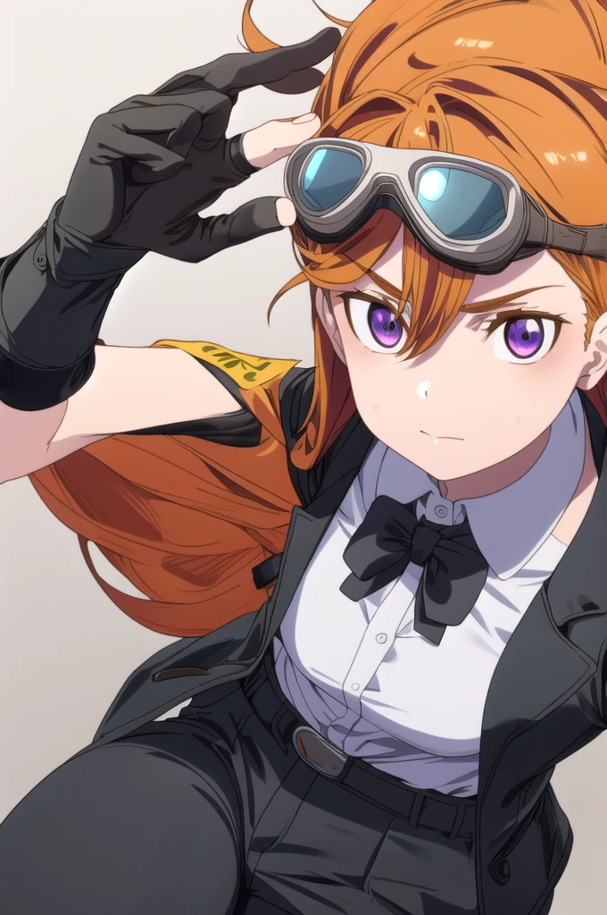 A girl, wearing a (goggles on head:1.2), wearing black tie shirt anda fingerless leather gloves,black pants, a plain white background,hair orange,eyes purple