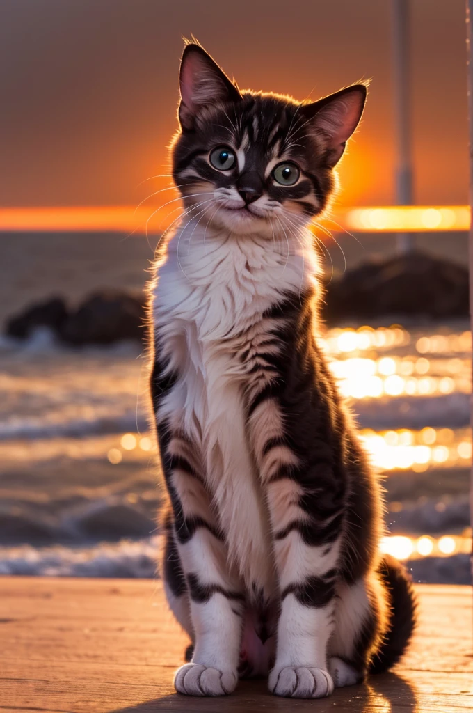 With the sunset as a background、kitten, Detailed brilliance, Grin, cute