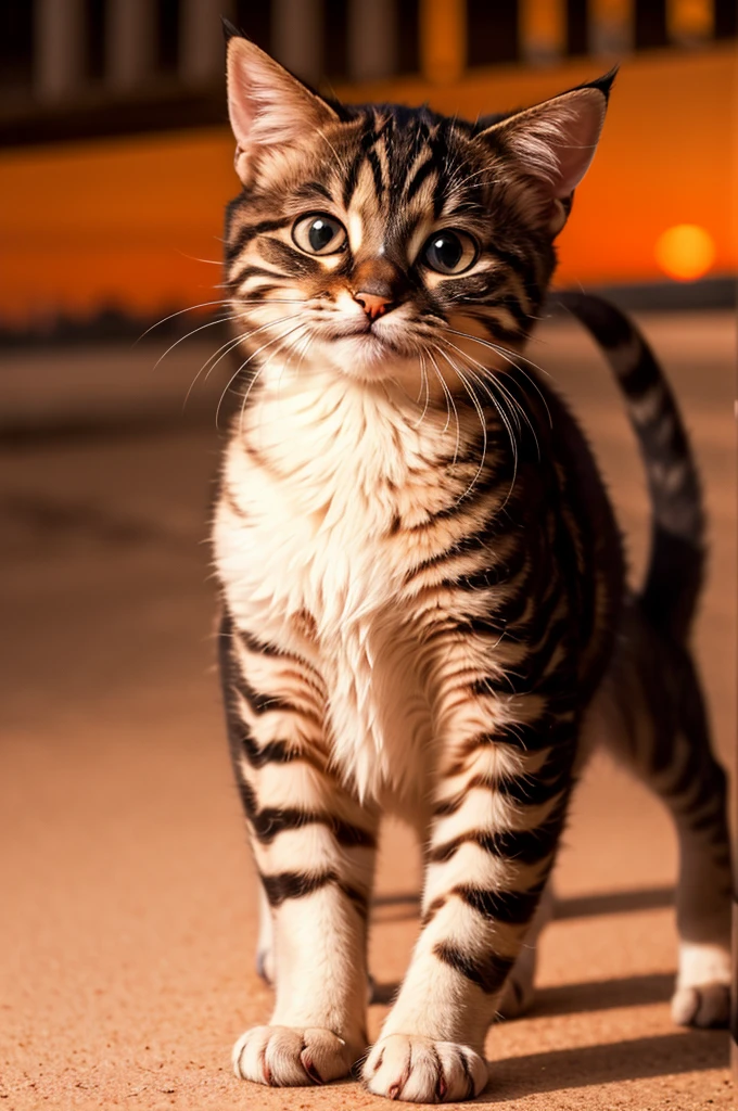 With the sunset as a background、kitten, Detailed brilliance, Grin, cute