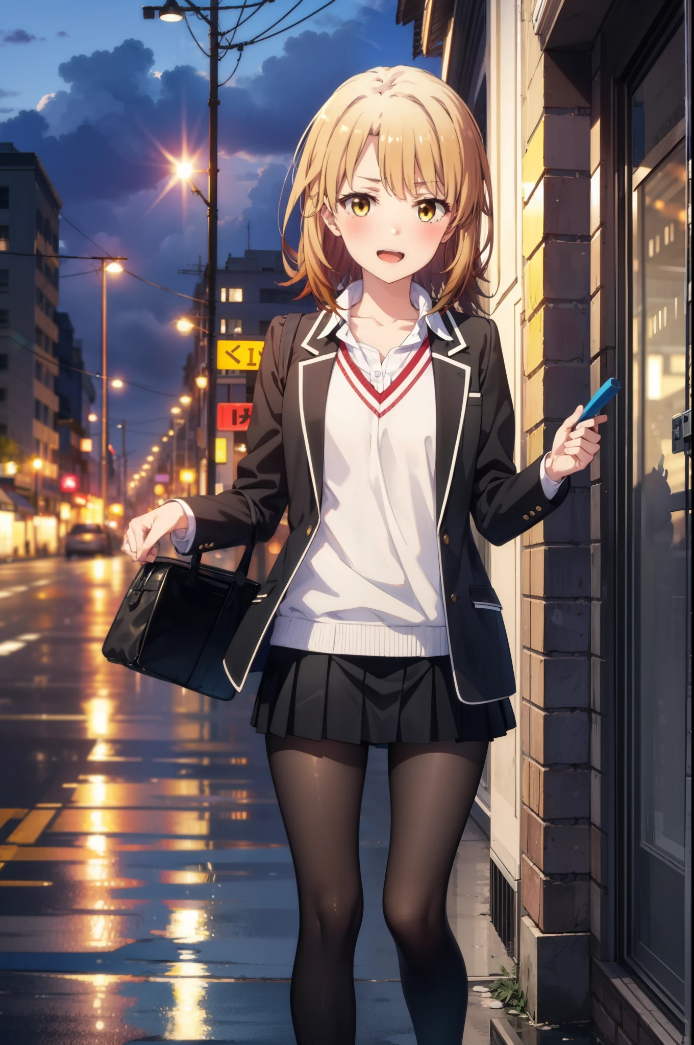 Irohaisshiki, isshiki iroha, short hair, Brown Hair, (Brown eyes:1.5), happy smile, smile, Open your mouth,blush,black rider jacket Open front,V-neck shirt,mini skirt,Black pantyhose,short boots,Walking,He is holding the grip of a black umbrella in his right hand.,rain,cloudy,Walking,whole bodyがイラストに入るように,
break outdoors, Building district,crowd, people々々,
break looking at viewer,whole body,
break (masterpiece:1.2), Highest quality, High resolution, unity 8k wallpaper, (figure:0.8), (Beautiful attention to detail:1.6), Highly detailed face, Perfect lighting, Highly detailed CG, (Perfect hands, Perfect Anatomy),