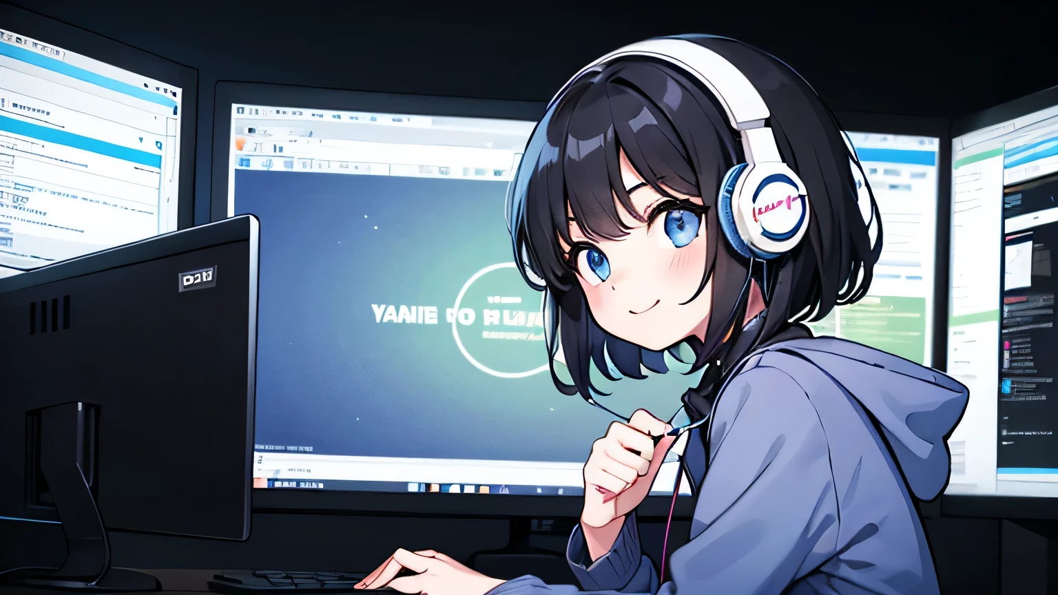 1girl, solo, blue eyes, (detailed eyes), gentle smile on her face flat chest, short hair, black hair, upper body, wearing a blue hoodie ((masterpiece, illustration, best quality)) Computer neon lights shine at night、Woman wearing headphones。hacker style, curve,Sit on、View from the side、In the corner of the room, There is a view wrapped in the silence of the night....、code on computer,（Very dark room）、