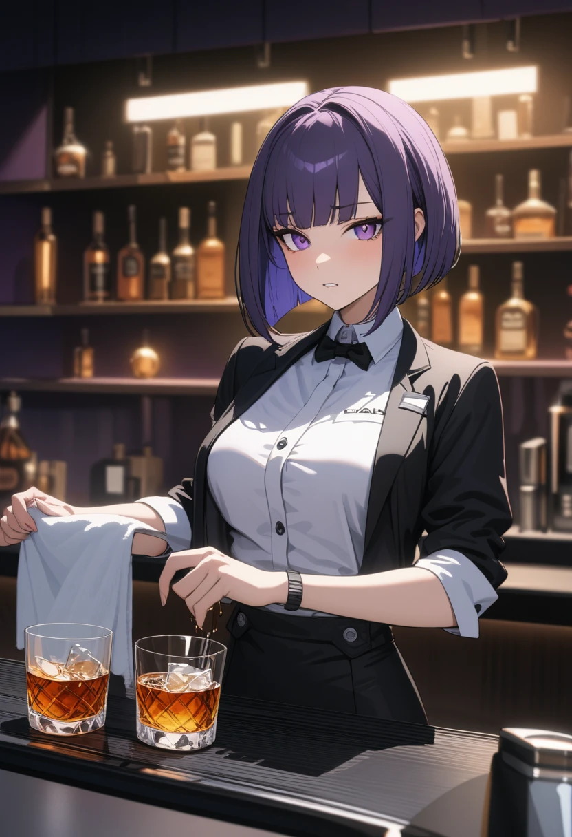 Adult Female, Black purple hair, slanted bob haircut, phlegmatic, stoic expression, perfect purple eyes, cyberpunk bar, bartender, bartender uniform, highly detailed, high quality, perfect quality, 8k, cleaning whiskey glass with towel, solid black pupils, shading