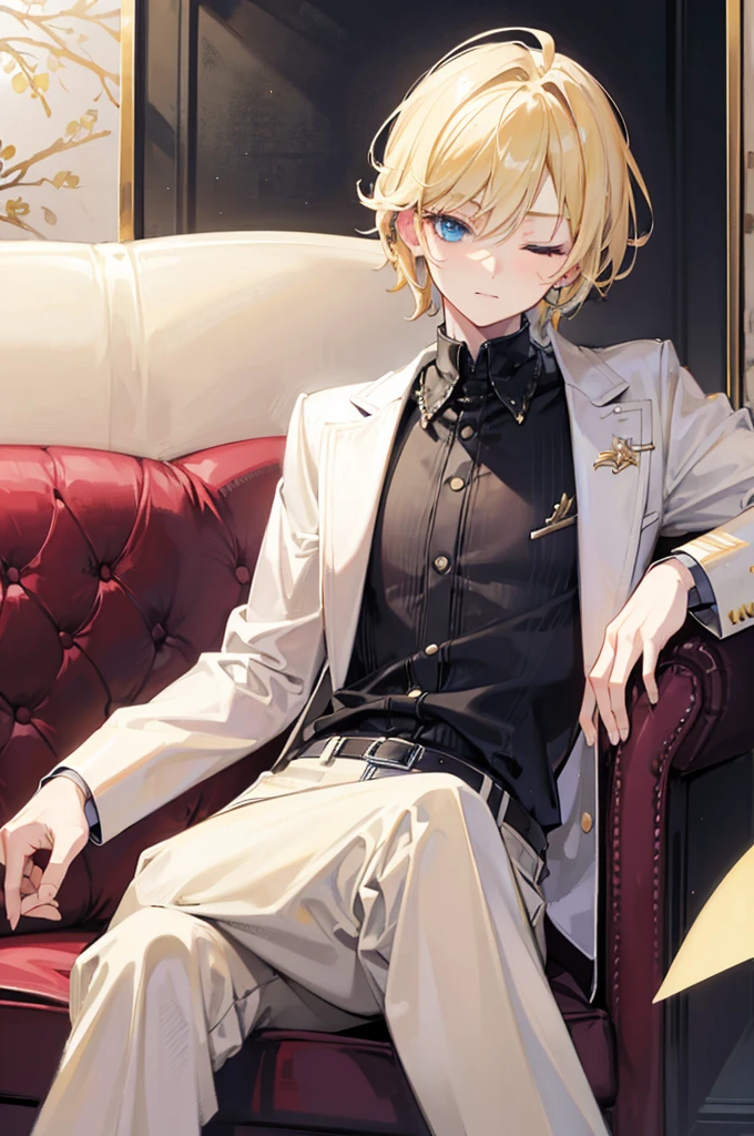 Blond broad boy is high, happy and leans back on a couch. His eyes are closed 