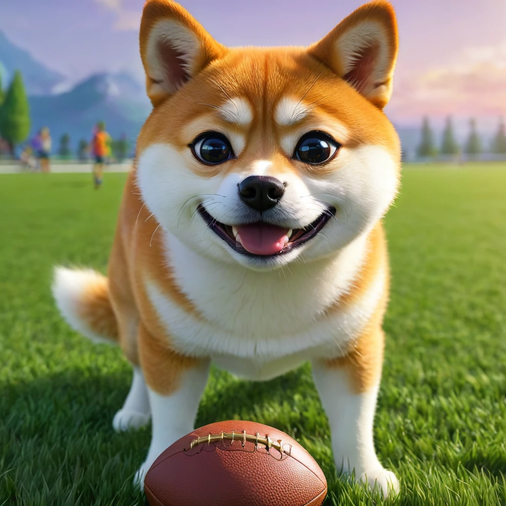 Pepe the frog,football,cats,shiba inu dog,cute,playing,field,green grass,fluffy,cartoon,colorful,vibrant,dynamic,playful,whimsical,quirky,adorable,best quality,4k,8k,highres,masterpiece:1.2,ultra-detailed,realistic,photorealistic,photo-realistic:1.37,soft lighting,vivid colors,highly detailed,illustration