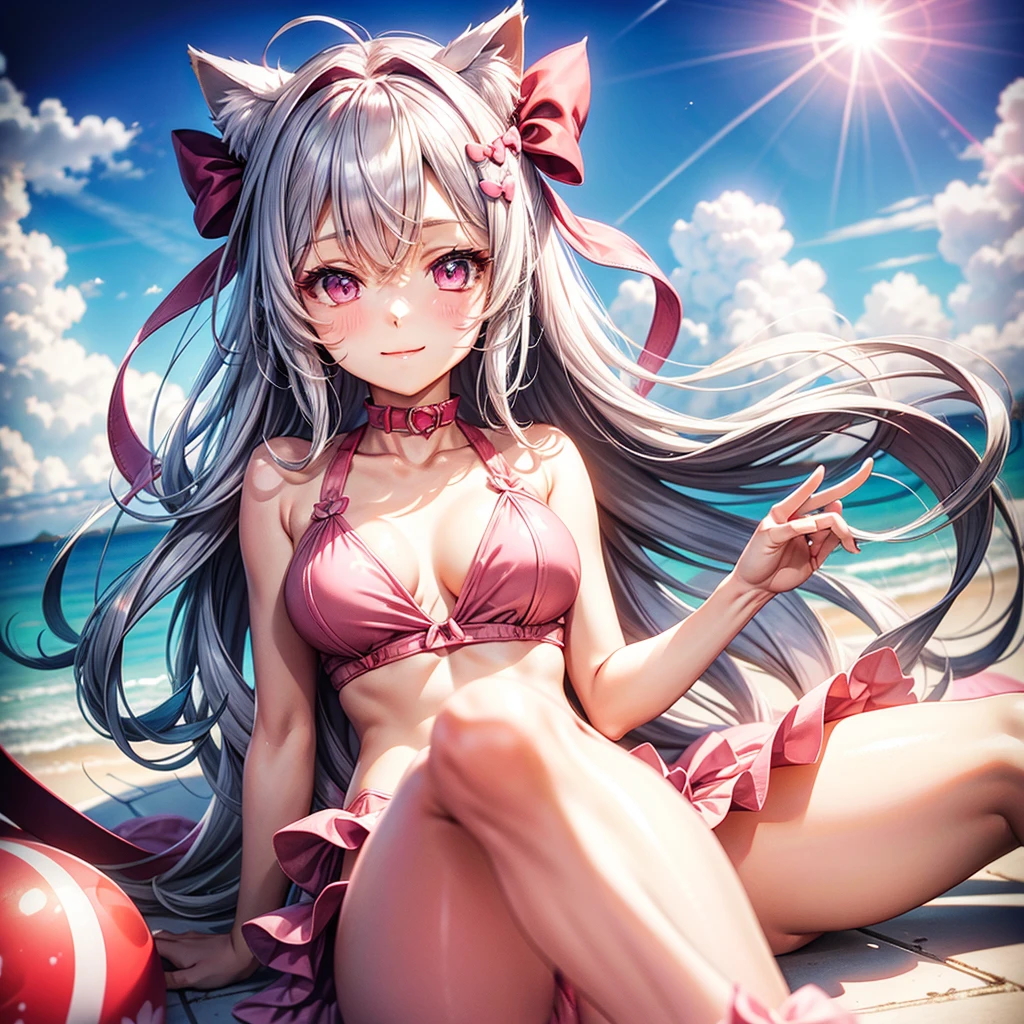 Silver hair, pink eyes, woman, sun and cloud background, red pink clothes, hair bows, happy face, swimsuit, sexy, cat ears, floating heart, thigh up, laid back, legs up