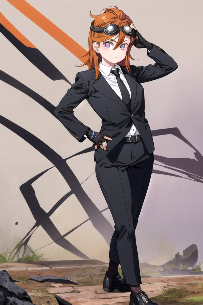 A girl, wearing a (goggles on head:1.2), wearing black tie shirt anda fingerless leather gloves,black pants, a plain white background,hair orange,eyes purple,shoes converses