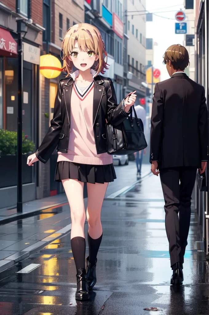 Irohaisshiki, isshiki iroha, short hair, Brown Hair, (Brown eyes:1.5), happy smile, smile, Open your mouth,blush,black rider jacket　Open front,V-neck shirt,mini skirt,Black pantyhose,short boots,Walking,He is holding the grip of a black umbrella in his right hand.,rain,cloudy,Walking,whole bodyがイラストに入るように,
break outdoors, Building district,crowd, people々々,
break looking at viewer,whole body,
break (masterpiece:1.2), Highest quality, High resolution, unity 8k wallpaper, (figure:0.8), (Beautiful attention to detail:1.6), Highly detailed face, Perfect lighting, Highly detailed CG, (Perfect hands, Perfect Anatomy),