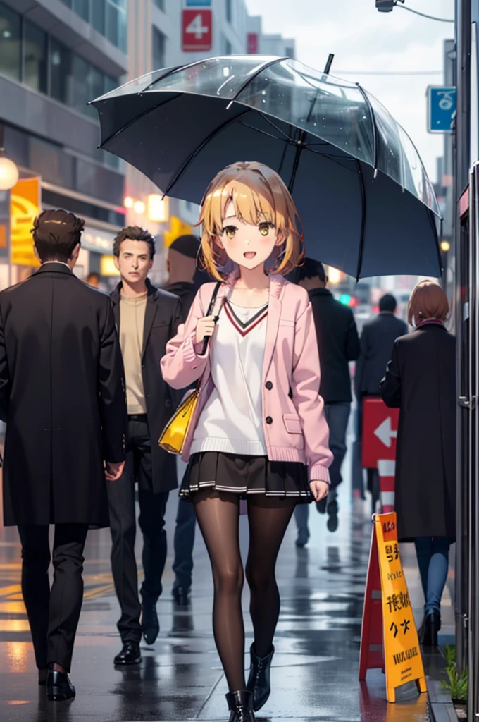 Irohaisshiki, isshiki iroha, short hair, Brown Hair, (Brown eyes:1.5), happy smile, smile, Open your mouth,blush,black rider jacket　Open front,V-neck shirt,mini skirt,Black pantyhose,short boots,Walking,He is holding the grip of a black umbrella in his right hand.,rain,cloudy,Walking,whole bodyがイラストに入るように,
break outdoors, Building district,crowd, people々々,
break looking at viewer,whole body,
break (masterpiece:1.2), Highest quality, High resolution, unity 8k wallpaper, (figure:0.8), (Beautiful attention to detail:1.6), Highly detailed face, Perfect lighting, Highly detailed CG, (Perfect hands, Perfect Anatomy),