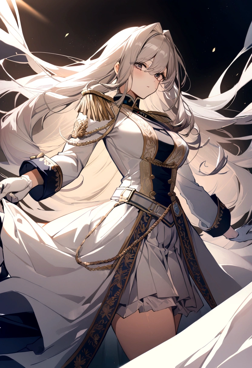 1girl, long hair, noble clothes, military uniform, white gloves,
