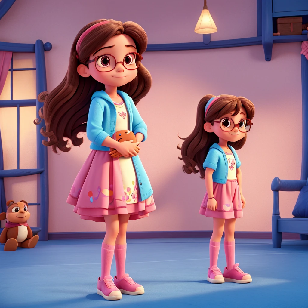create a Disney-style character from the Lilo and Stitch cartoon of an 8-year-old girl with long straight light brown hair, wearing square pink glasses, hugging Stitch.