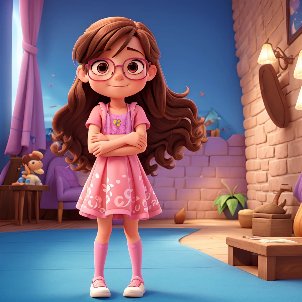 create a Disney-style character from the Lilo and Stitch cartoon of an 8-year-old girl with long straight light brown hair, wearing square pink glasses, hugging Stitch.