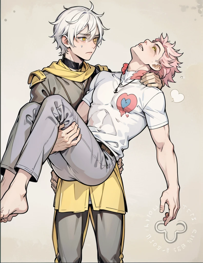 yellow eyes he is crying and sad seeing his dead friend 18 year old man yellow eyes he is sad he has tears on his face white hair he carries a dead young man with pink hair in his arms