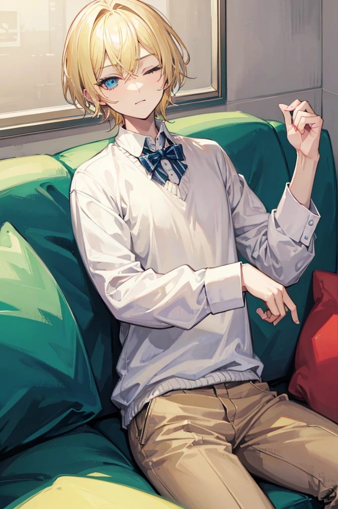 Blond broad boy is high, gechillt, happy and leans back on a couch. His eyes are closed 