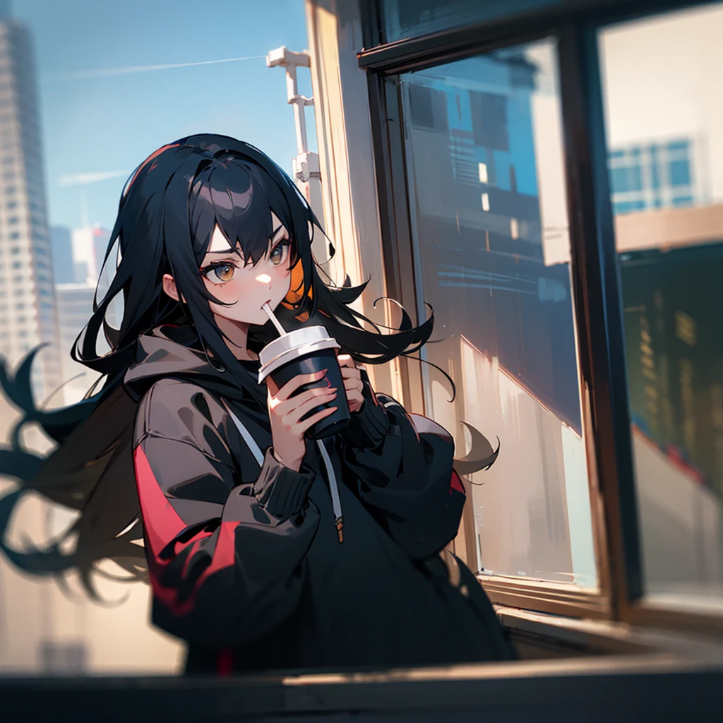 1 girl, black hoodie, long hair, super beautiful, cool, intimidation, black hair, drinking coffee, window