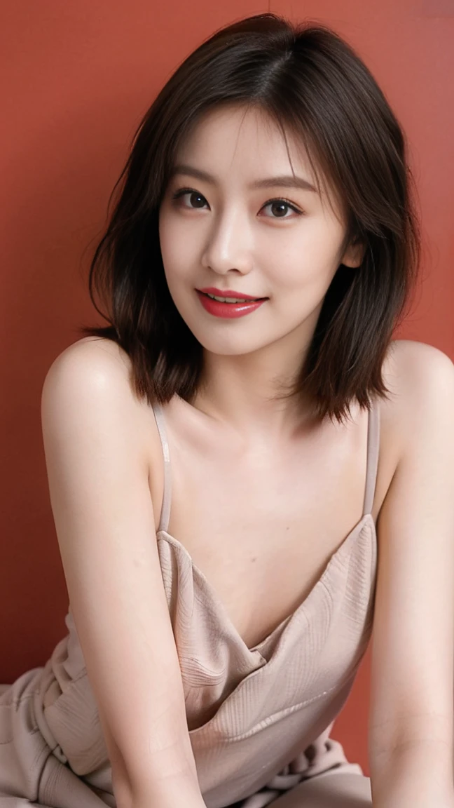 Highest quality,masterpiece,Ultra-high resolution,Original photo,Ultra-high resolution,Three beautiful 25 year old women,Flashy makeup using red eyeshadow,Big smile,Short cut with side waves,Completely naked、Spread your legs、Completely naked