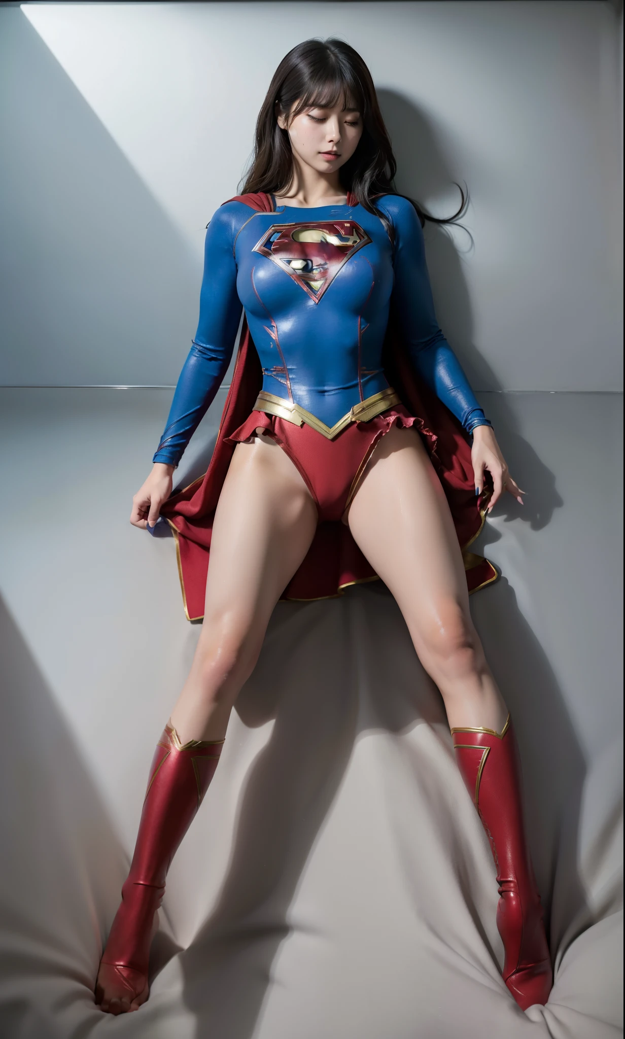 (((Highest quality、8K、masterpiece:1.3))、Supergirl、胸にSupergirlのロゴ、Eyes closed、Head facing down、hang down your neck、Sharp focus:1.2、Beautiful woman with perfect figure:1.4、Slim Abs:1.2、((Layered Cut、Huge boobs:1.2))、Wet body:1.5、非常に詳細な顔と肌の質感Supergirl、Bloodstained、Clothes are shredded、Torn、Highest quality, Familiar, High resolution), 1 Girl, Supergirl、Super Heroine、Bishoujo Warrior、defeat、Lying down&#39;return、fall、knock out、フィットしたSupergirlのコスチューム、Enlarge your breasts、Muscular、alone, From above,sleepy, sleepワイン, Doll joints、sleep、it hurts、it hurts look、syncope、cadaver、Beautiful crotch、High detail、8K