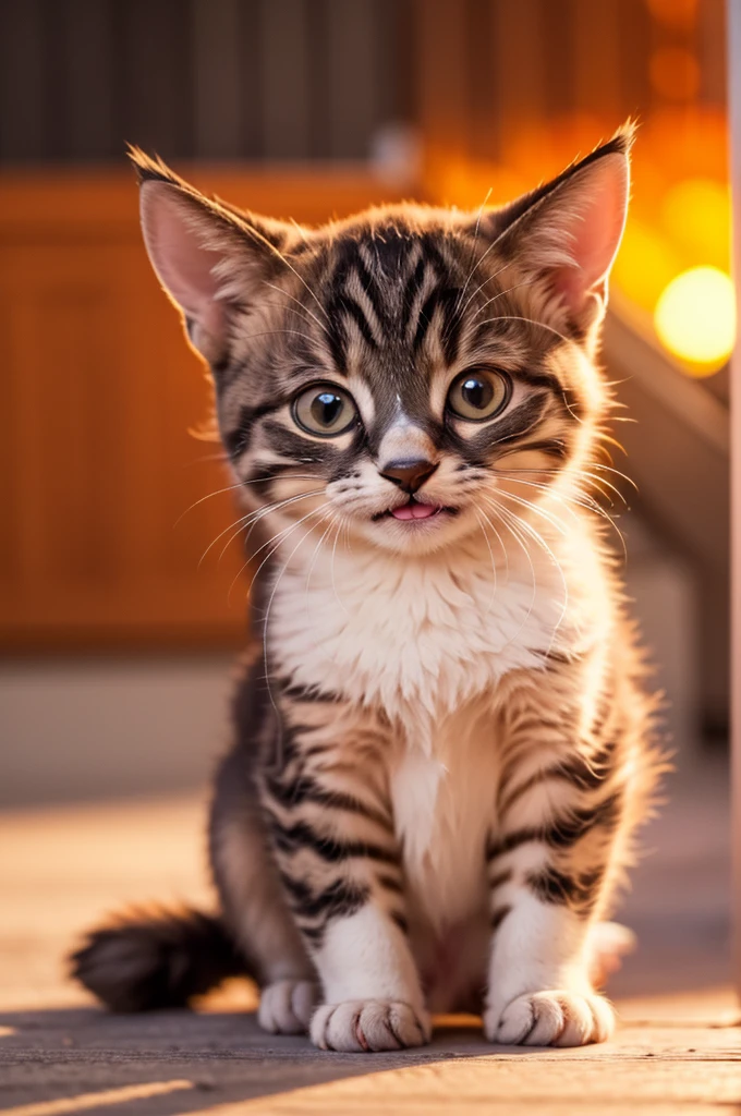 With the sunset as a background、kitten, Detailed brilliance, Grin, cute