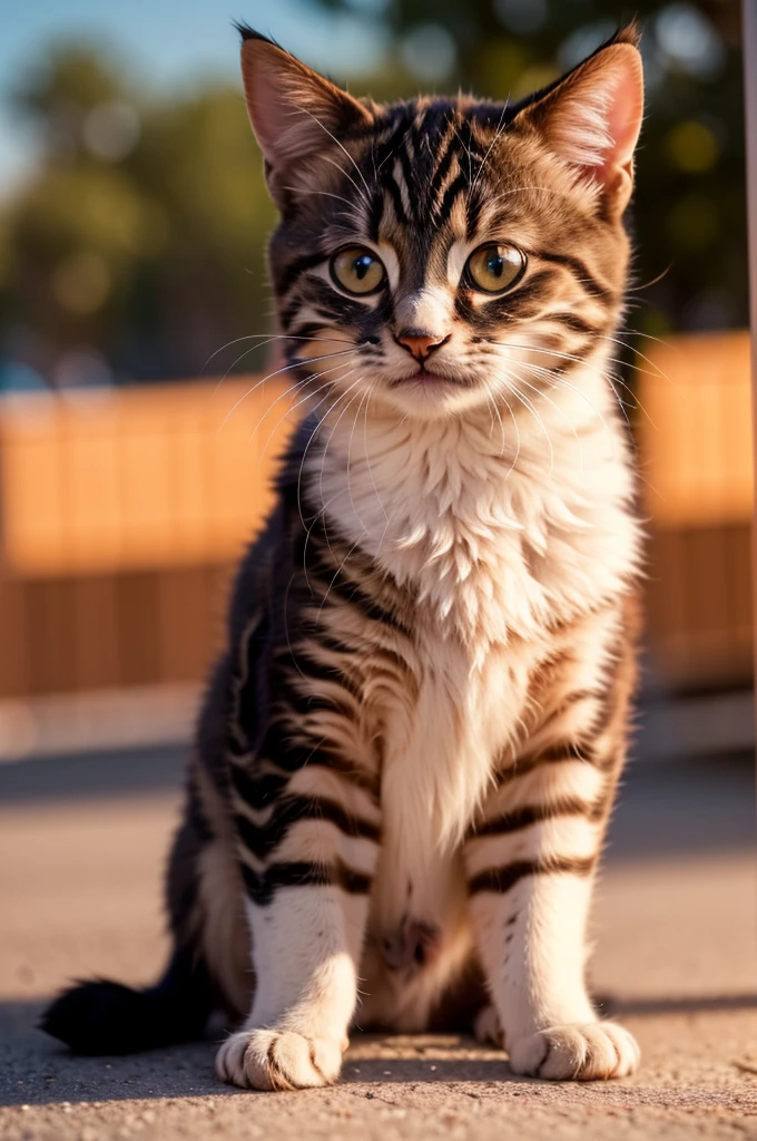 With the sunset as a background、kitten, Detailed brilliance, Grin, cute