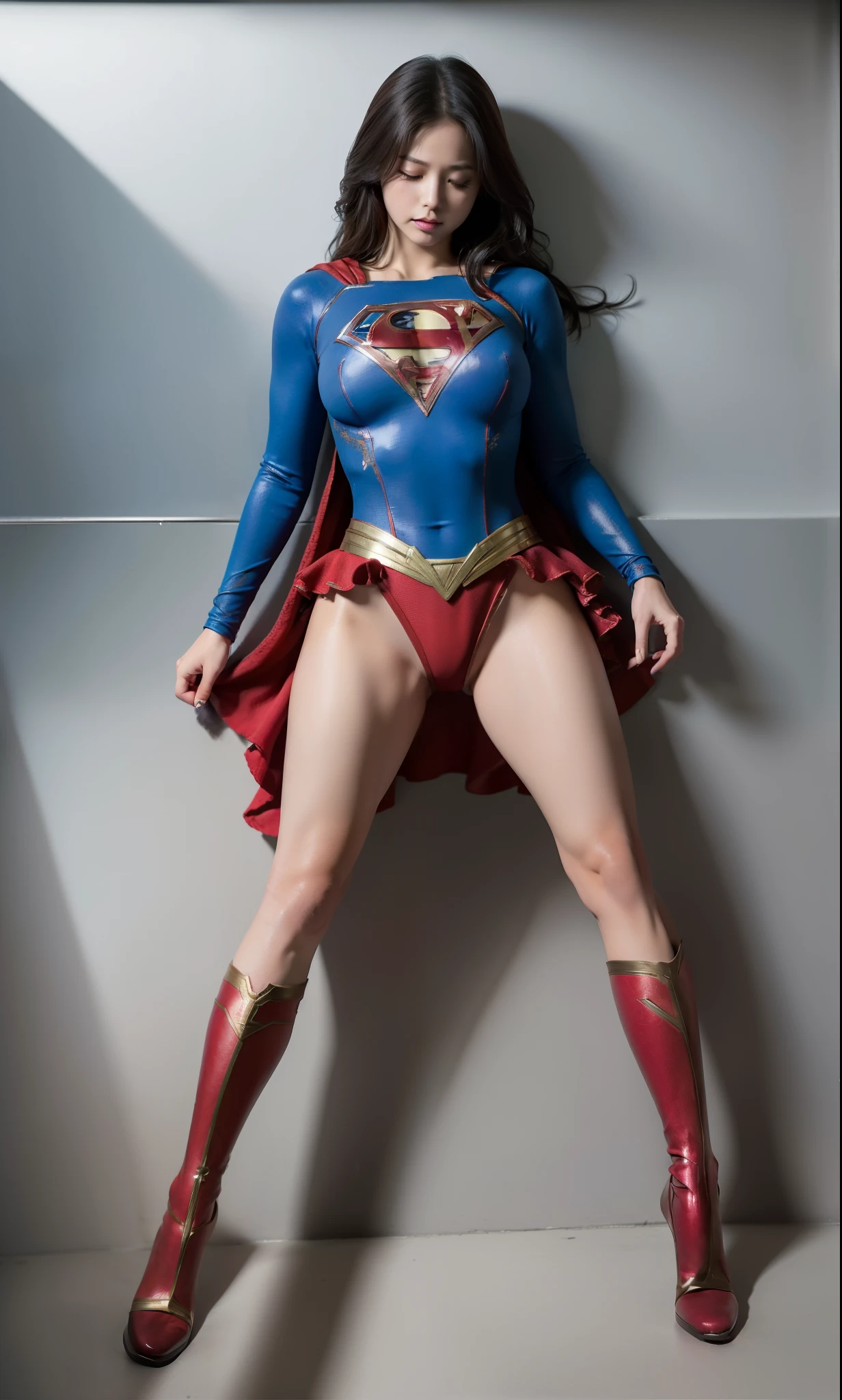 (((Highest quality、8K、masterpiece:1.3))、Supergirl、胸にSupergirlのロゴ、Eyes closed、Head facing down、hang down your neck、Sharp focus:1.2、Beautiful woman with perfect figure:1.4、Slim Abs:1.2、((Layered Cut、Huge boobs:1.2))、Wet body:1.5、非常に詳細な顔と肌の質感Supergirl、Bloodstained、Clothes are shredded、Torn、Highest quality, Familiar, High resolution), 1 Girl, Supergirl、Super Heroine、Bishoujo Warrior、defeat、Lying down&#39;return、fall、knock out、フィットしたSupergirlのコスチューム、Enlarge your breasts、Muscular、alone, From above,sleepy, sleepワイン, Doll joints、sleep、it hurts、it hurts look、syncope、cadaver、Beautiful crotch、High detail、8K