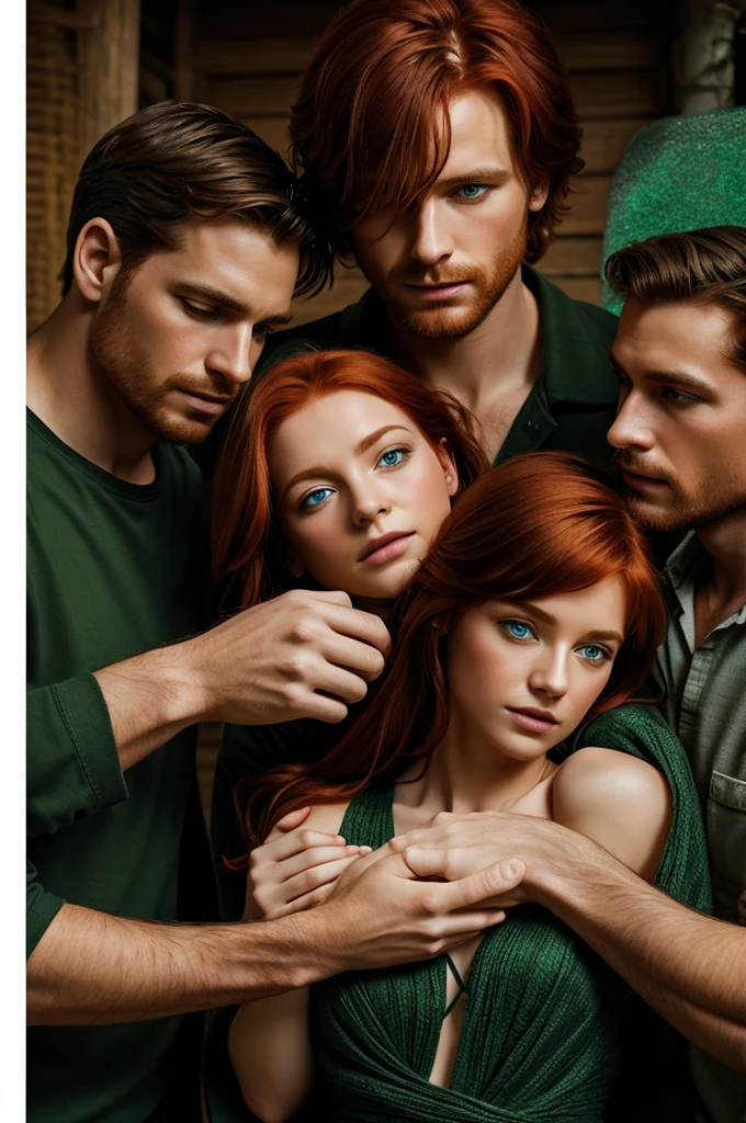 Three Male Hands Full of Thread Moving a Small Redhead Woman with Green Eyes, Dark Aura Cover