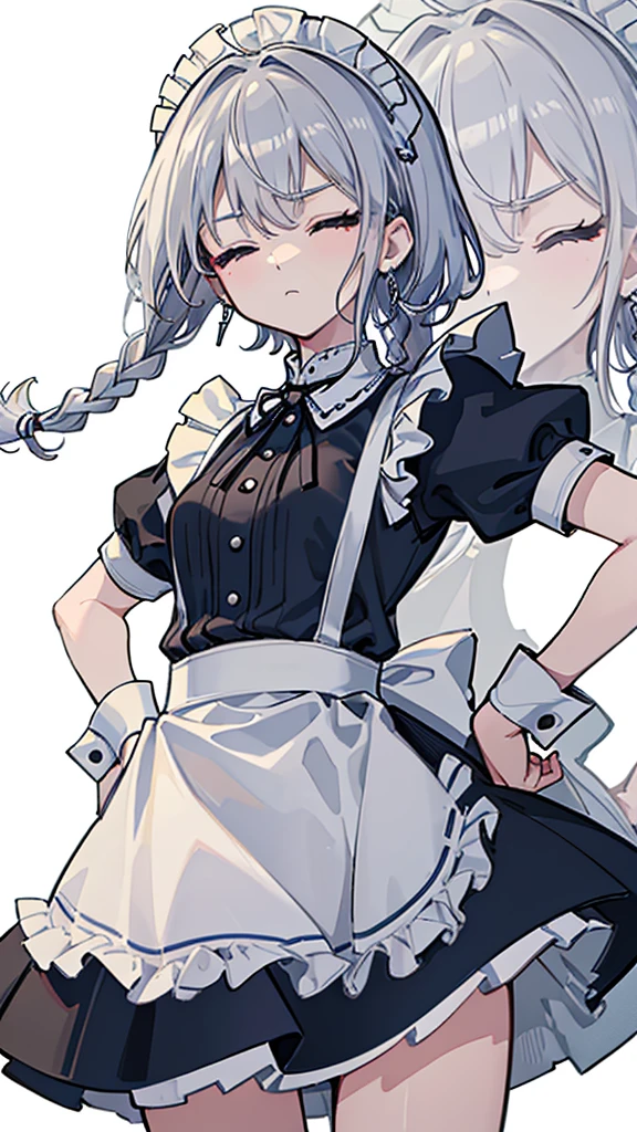 (8K、best image quality、highest quality、masterpiece)、detailed face、1 girl、gray hair、((Single Braid))、((closed eyes))、angry、earrings、small breasts、((maid))、short apron、miniskirt、Put your hands on your hips、Take from below、look down、cowboy shot、((White background))