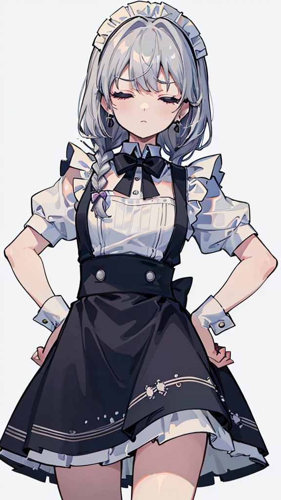 (8K、best image quality、highest quality、masterpiece)、detailed face、1 girl、gray hair、((Single Braid))、((closed eyes))、angry、earrings、small breasts、((maid))、short apron、miniskirt、Put your hands on your hips、Take from below、look down、cowboy shot、((White background))
