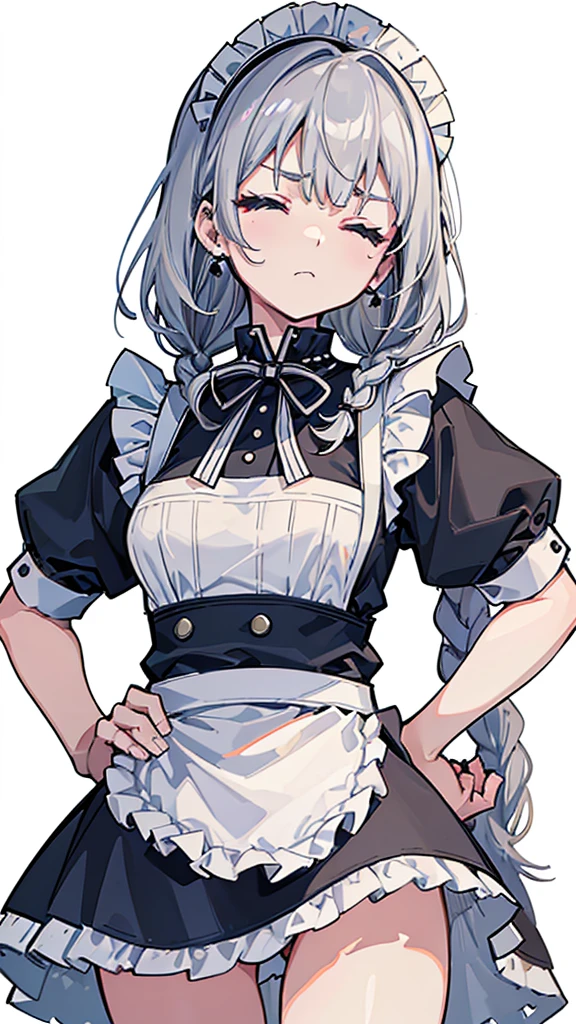 (8K、best image quality、highest quality、masterpiece)、detailed face、1 girl、gray hair、((Single Braid))、((closed eyes))、angry、earrings、small breasts、((maid))、short apron、miniskirt、Put your hands on your hips、Take from below、look down、cowboy shot、((White background))