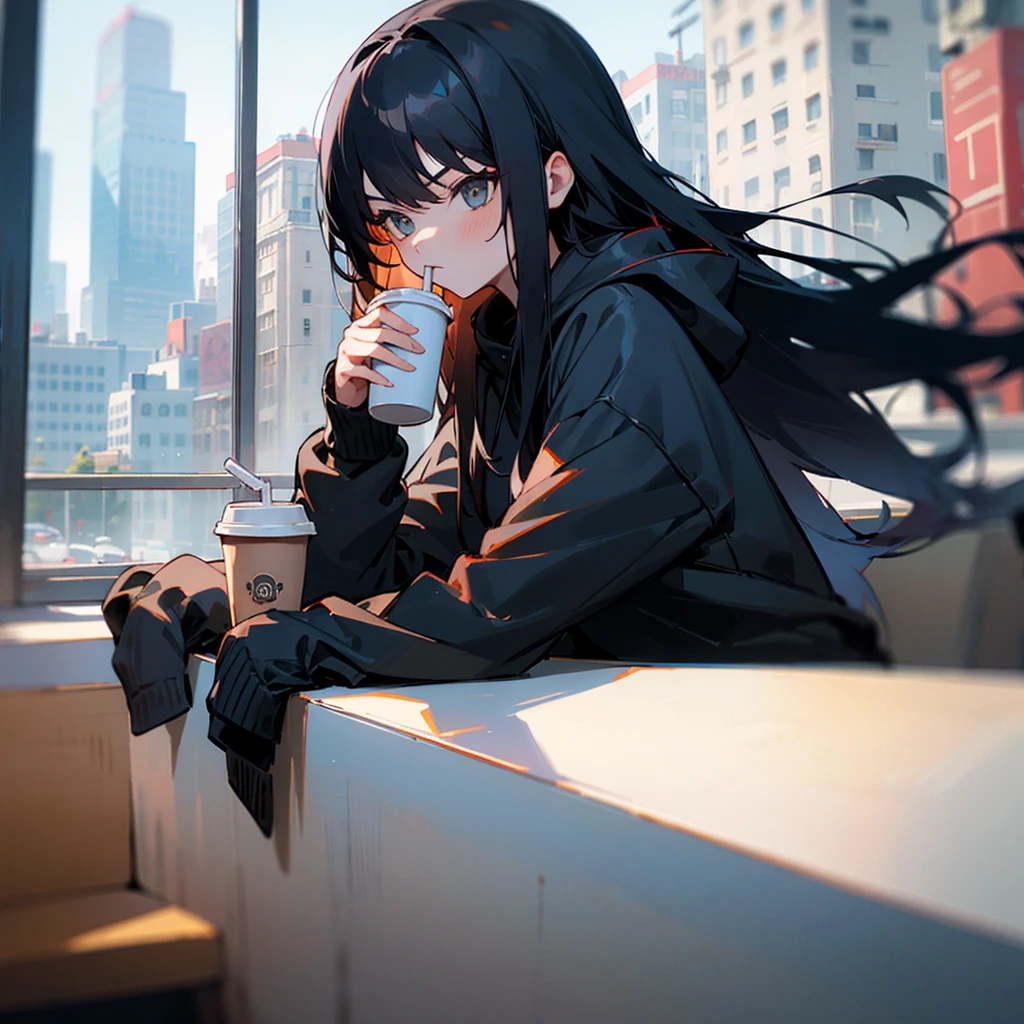 1 girl, black hoodie, long hair, super beautiful, cool, intimidation, black hair, drinking coffee, window, city