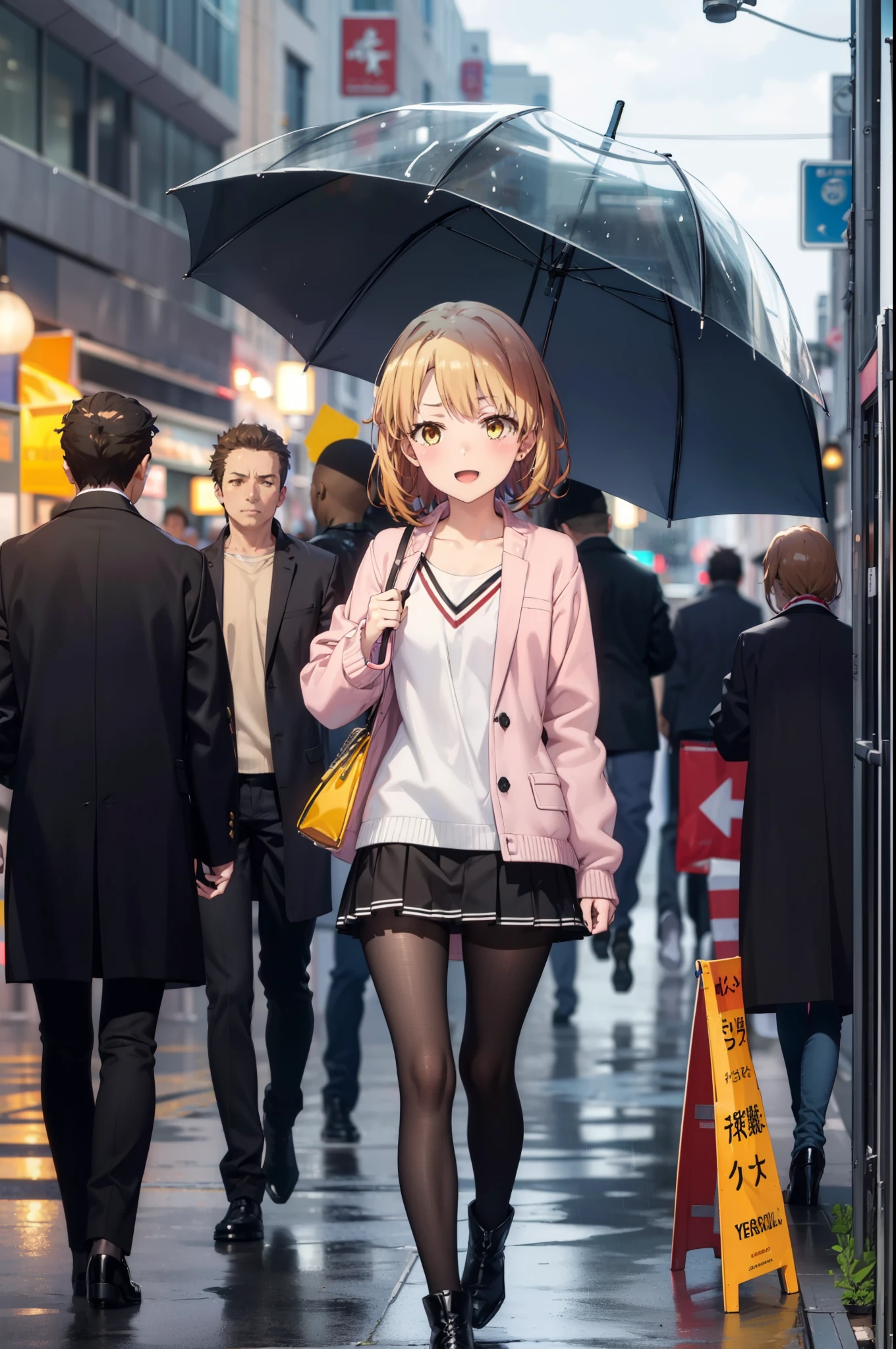 Irohaisshiki, isshiki iroha, short hair, Brown Hair, (Brown eyes:1.5), happy smile, smile, Open your mouth,blush,black rider jacket　Open front,V-neck shirt,mini skirt,Black pantyhose,short boots,Walking,He is holding the grip of a black umbrella in his right hand.,rain,cloudy,Walking,whole bodyがイラストに入るように,
break outdoors, Building district,crowd, people々々,
break looking at viewer,whole body,
break (masterpiece:1.2), Highest quality, High resolution, unity 8k wallpaper, (figure:0.8), (Beautiful attention to detail:1.6), Highly detailed face, Perfect lighting, Highly detailed CG, (Perfect hands, Perfect Anatomy),