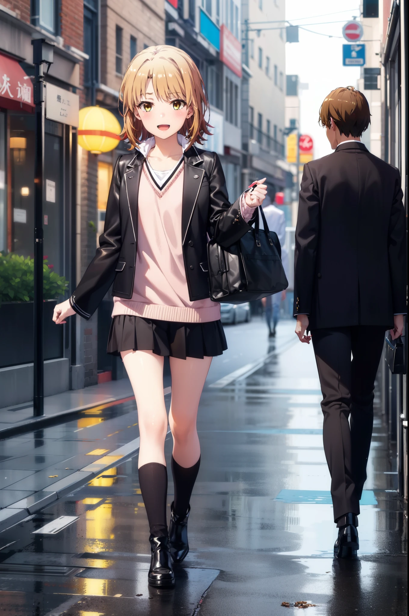 Irohaisshiki, isshiki iroha, short hair, Brown Hair, (Brown eyes:1.5), happy smile, smile, Open your mouth,blush,black rider jacket　Open front,V-neck shirt,mini skirt,Black pantyhose,short boots,Walking,He is holding the grip of a black umbrella in his right hand.,rain,cloudy,Walking,whole bodyがイラストに入るように,
break outdoors, Building district,crowd, people々々,
break looking at viewer,whole body,
break (masterpiece:1.2), Highest quality, High resolution, unity 8k wallpaper, (figure:0.8), (Beautiful attention to detail:1.6), Highly detailed face, Perfect lighting, Highly detailed CG, (Perfect hands, Perfect Anatomy),