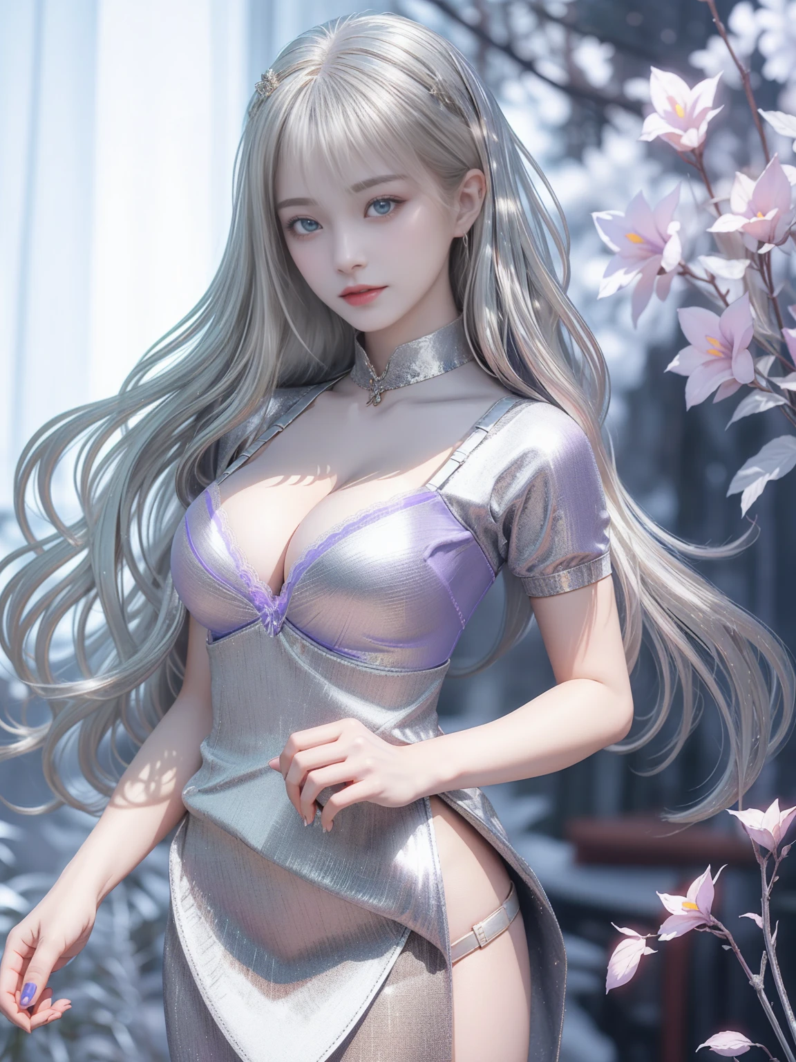 (Anatomically normal:1.8)、(Very high exposure:1.8)、(9Life-size small face:1.8)、Super long, shiny, super straight silver hair that reaches down to her waist、(Long, straight, silver hair that fell to her waist without any mess.:1.8)、A full-body photo showing the top of your head and the bare toes of your beautiful feet、Professional top-class gravure idol、(She is a very attractive woman with a beautiful hourglass figure and a beautiful figure.:1.8)、(Thin and slender build:1.8)、(Too thin waist:1.8)、Exposed, bare, beautiful legs that are too long and too thin、(The beauty of her naked legs, so thin:1.8)、(Professional top-class gravure idolらしい胸を強調したセクシーな直立して綺麗で細い足を揃えているポーズ:1.8)、(A full-body photo showing the top of your head and the bare toes of your beautiful feet:1.8)、Bare deep collarbone、Naked smooth shoulders、(Deep cleavage:1.ung, firm, large, beautiful breasts:1.8)、(Very large breasts:1.8)、ブランド物のhigh qualityな露出度の非常に高い超コンパクトなスミレ色のコンパクトなブラジャー、(A compact violet bra with a sophisticated design:1.8)、ブランド物のhigh qualityな露出度の非常に高いコンパクトなスミレ色の超コンパクトなパンティー、(Ultra-compact violet panties with a sophisticated design:1.8)、(Anyway, she has beautifully shaped, large breasts.:1.8)、A posture of cooperation with a proudly protruding chest、(Desire to show more naked skin:1.8)、(logo、masterpiece、8K、Tabletop、RAW Photos、wonderful、最high quality、Photorealistic and hVery detailed CG integrated 8K wallpaper、high quality、Very detailed、Narrative poem、Particle Effects、Dynamic Effects、Written boundary depth、Cinematic Light、Lens flare、Ray Tracing))、Fantasy、Big, beautiful blue eyes、Silver colored super long straight hair that reaches down to her waist、(Distinctive silver hair:1.8)、Long, silvery, straight, tangled hair that is undisturbed by the calm, windless wind、A beautiful, symmetrical face、(Too beautiful small face:1.8)、A beautiful and small face created by a professional makeup artist to perfection、(A beautiful woman with a small face that is so beautiful you can't help but stare.:1.8)、(A refreshing and bright smile:1.8)、A beautiful and gorgeous woman with a beautiful appearance、(Amazingly beautiful appearance:1.8)、(All it takes is a compact bra and a mini skirt2Only one suit is on:1.8)、Beautiful, natural skin tone that's not too white、Branded stylish design dark purple bare toes、jewelry、A too beautiful angel who descended to earth、Silver Earrings、Hip Up、(She is a beautiful woman who is acknowledged by everyone, and she wears revealing clothes and has a beautiful small face.:1.8)、(The chest-pushing posture emphasizes the beautiful shape of large breasts.:1.8)、(Desire to show more naked skin:1.8)、A full-body photo showing the top of the head and the bare toes of long, slender, beautiful legs、Professional top-class gravure idolらしい胸を強調したセクシーなポーズ、(A full-body photograph of you standing, from head to toes:1.8)、(Her beautiful legs are neatly aligned:1.8)、(She looks at the viewer with a look of genuine love and desire.:1.8)、(Authentic photos of gravure idols taken by a professional photographer in a photo studio:1.8)、(No anatomical abnormalities:1.8)、One beautiful woman