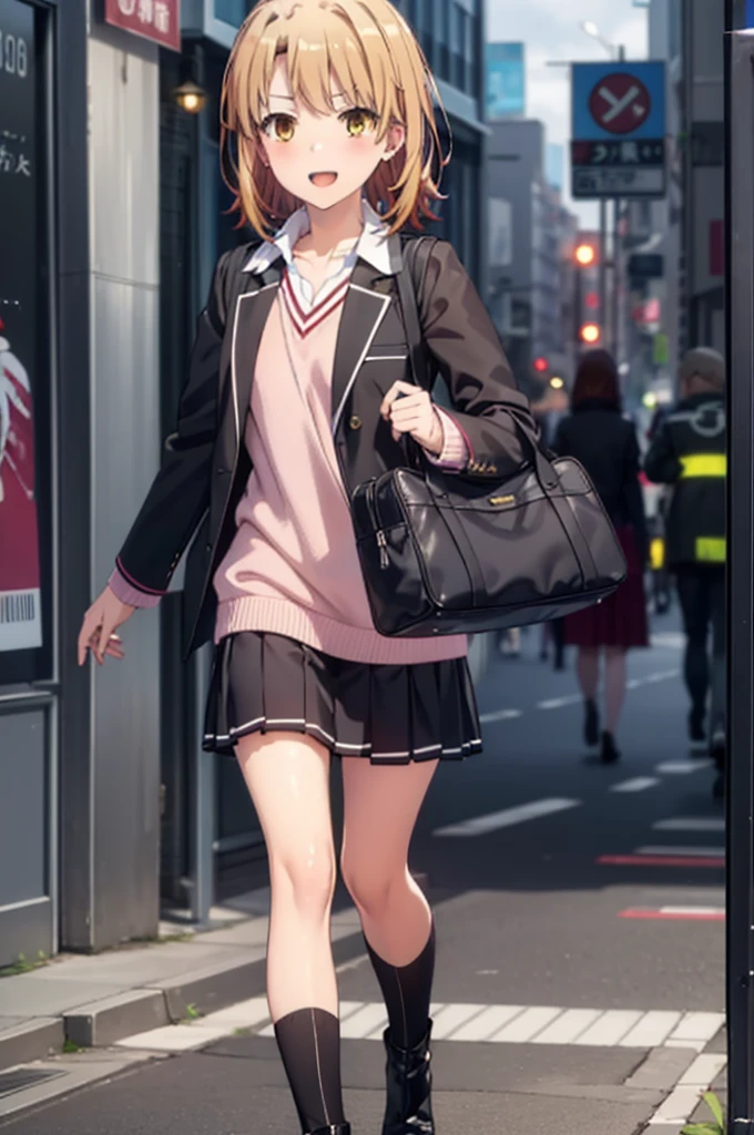 Irohaisshiki, isshiki iroha, short hair, Brown Hair, (Brown eyes:1.5), happy smile, smile, Open your mouth,blush,black rider jacket　Open front,V-neck shirt,mini skirt,Black pantyhose,short boots,Walking,He is holding the grip of a black umbrella in his right hand.,rain,cloudy,Walking,whole bodyがイラストに入るように,
break outdoors, Building district,crowd, people々々,
break looking at viewer,whole body,
break (masterpiece:1.2), Highest quality, High resolution, unity 8k wallpaper, (figure:0.8), (Beautiful attention to detail:1.6), Highly detailed face, Perfect lighting, Highly detailed CG, (Perfect hands, Perfect Anatomy),