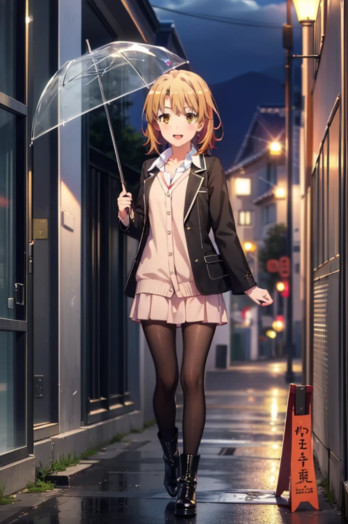 Irohaisshiki, isshiki iroha, short hair, Brown Hair, (Brown eyes:1.5), happy smile, smile, Open your mouth,blush,black rider jacket　Open front,V-neck shirt,mini skirt,Black pantyhose,short boots,Walking,He is holding the grip of a black umbrella in his right hand.,rain,cloudy,Walking,whole bodyがイラストに入るように,
break outdoors, Building district,crowd, people々々,
break looking at viewer,whole body,
break (masterpiece:1.2), Highest quality, High resolution, unity 8k wallpaper, (figure:0.8), (Beautiful attention to detail:1.6), Highly detailed face, Perfect lighting, Highly detailed CG, (Perfect hands, Perfect Anatomy),