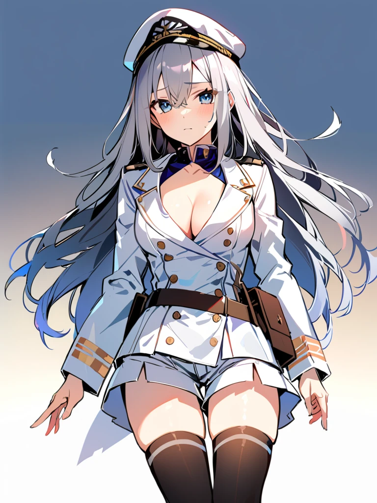 (((Best quality))),((Ultra-detailed)),((illustration)),((Disheveled hair)),((frilld)),(1 girl),(Solo),1girl,
1girl,
blue eyes,
breasts,
cleavage,
gradient,
gradient background,
long hair,
military,
shorts,
solo,
thighhighs,
lexington \(warship girls r\),
white headwear,
white military uniform,
white naval uniform,
legwear,
gray hair,
gray hair,