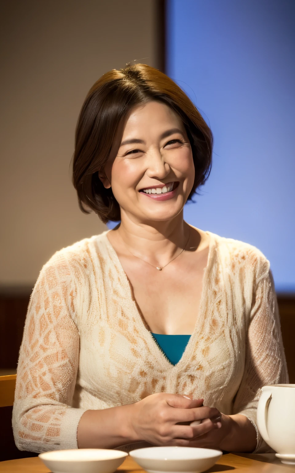 8k wallpaper, masterpiece, Highest quality, Super detailed, One Woman, 50 years old, Become very clear, Wearing a short-sleeved knit, Skin dents, Captivating smile, Looking at the audience, Cleavap, Curvaceous, Fascinating face, Smiling with teeth showing, I was happy, Sitting in a cafe, Background Blur
