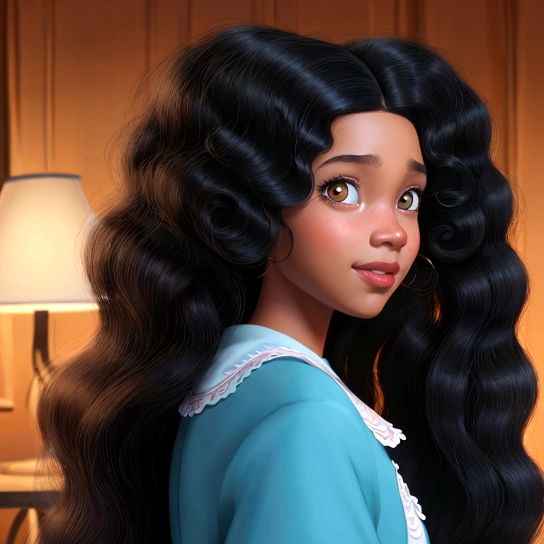 A film inspired by Disney Pixar (YOUNG BLACK GIRL WITH LONG BLACK CURLY HAIR) The scene is in the distinctive PIXAR style art, PROFESSIONAL style