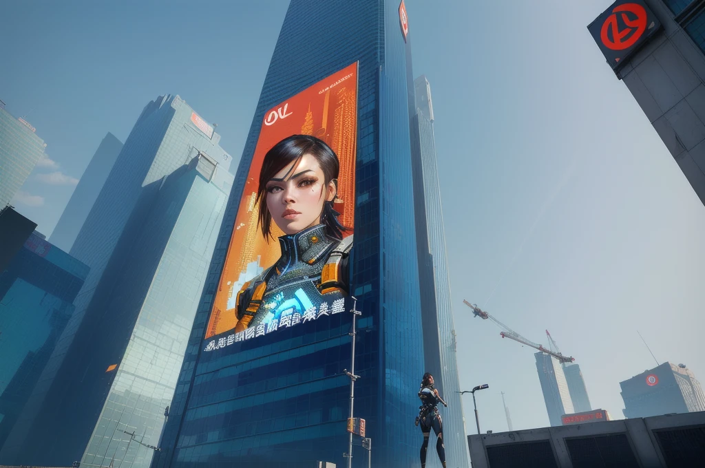there is a woman that is standing in a window of a building, chell from portal, chell, highly detailed giantess shot, extremely detailed giantess shot, megatall building, perched on a skyscraper, giantess, mirrors edge art style, overlaid with chinese adverts, corporate holograms, cyberpunk ads, sins inc skyscraper front, overwatch building
