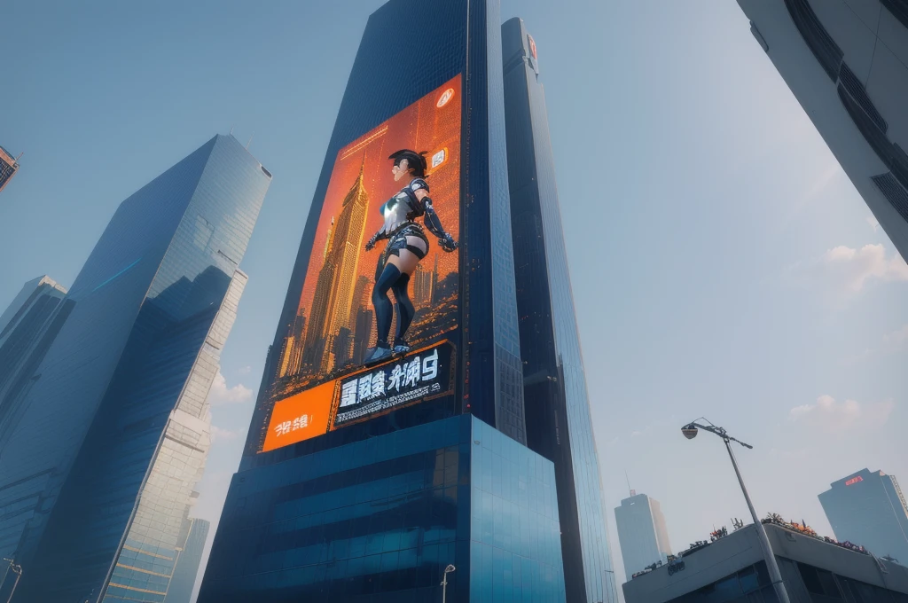 there is a woman that is standing in a window of a building, chell from portal, chell, highly detailed giantess shot, extremely detailed giantess shot, megatall building, perched on a skyscraper, giantess, mirrors edge art style, overlaid with chinese adverts, corporate holograms, cyberpunk ads, sins inc skyscraper front, overwatch building