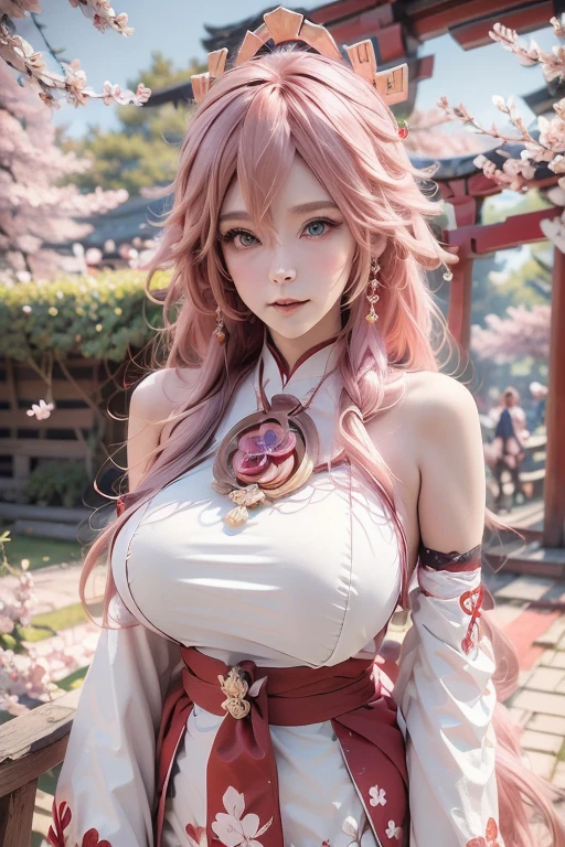 pink hair,masterpiece,extremely detailed,CG,2k wallpaper,Amazing,finely detail,extremely detailed CG unity 8k wallpaper,huge filesize,ultra-detailed,shenzi,1 girl,cosplay,Yaeko Nogi (Tokyo 7th Sisters),bright smile,confident eyes,super detailed face, blush, Detailed lips, (big eyes:1.4), Double eyelids,(long flowing hair:1.1),traditional shrine maiden outfit,red and white colors,tied-up hair,red ribbon,cherry blossom petals,torii gate background,holding a sacred staff,elegant posture,focused expression,outdoor shrine setting.,