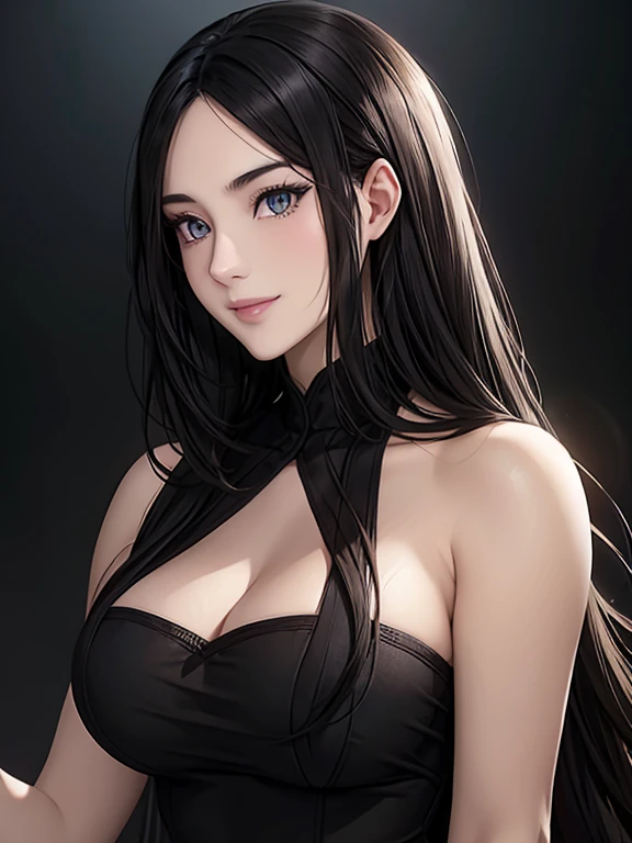 a highly detailed, cinematic anime-style portrait of a beautiful young woman with long black hair, striking heterochromatic eyes...