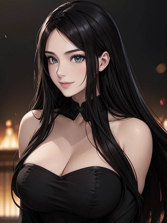 A highly detailed, cinematic anime-style portrait of a beautiful young woman with long black hair, striking heterochromatic eyes, and a cute smile, wearing an elegant dress, atmospheric lighting, vibrant colors, extremely detailed facial features, intricate hair strands, flawless skin, and an exotic, powerful presence, 8k, best quality, masterpiece, photorealistic, ultra-detailed, sharp focus, physically-based rendering, professional, vivid colors, bokeh