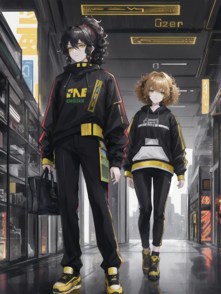 4 people in the image with the title "LENDA DA YORDEM", 1 male in cyberpunk mask with black pants and sweatshirt, 1 woman with short curly hair decorated with LED and short, 1 woman with ponytail and short, strong curly hair, 1 woman with cyber yellow eyes and curly hair with a golden strand of hair, Sci-fi, dystopia,