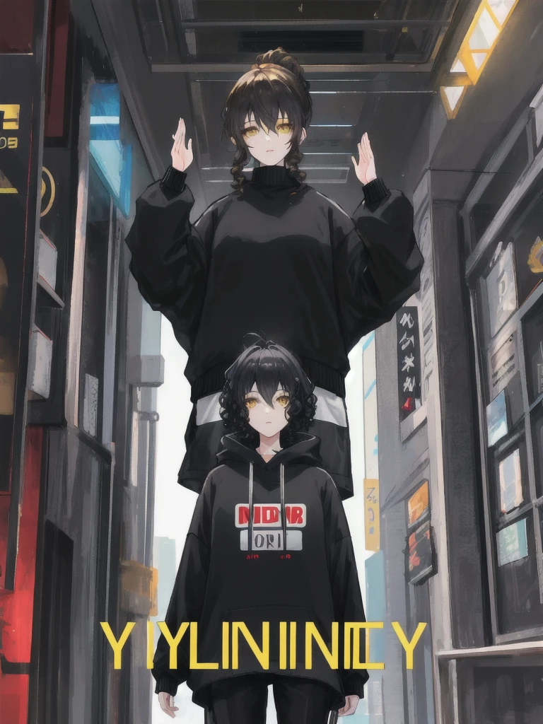 4 people in the image with the title "LENDA DA YORDEM", 1 male in cyberpunk mask with black pants and sweatshirt, 1 woman with short curly hair decorated with LED and short, 1 woman with ponytail and short, strong curly hair, 1 woman with cyber yellow eyes and curly hair with a golden strand of hair, Sci-fi, dystopia,